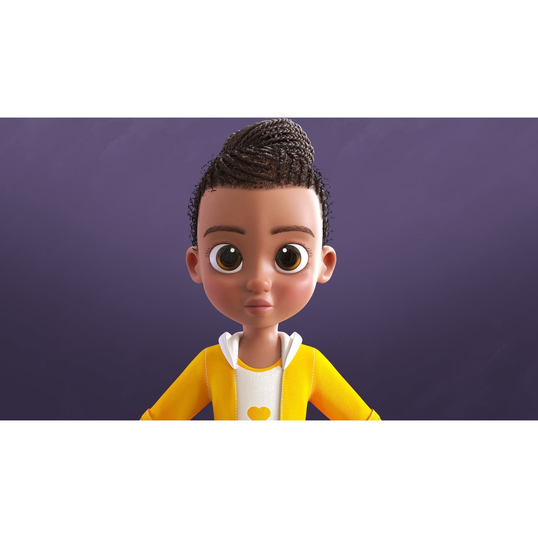 Cartoon Afro Girl 3D Model – Rigged Low-Poly Child Character, FBX, OBJ - View 7