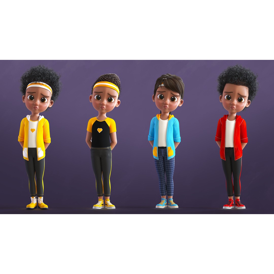 Cartoon Afro Girl 3D Model – Rigged Low-Poly Child Character, FBX, OBJ - View 9