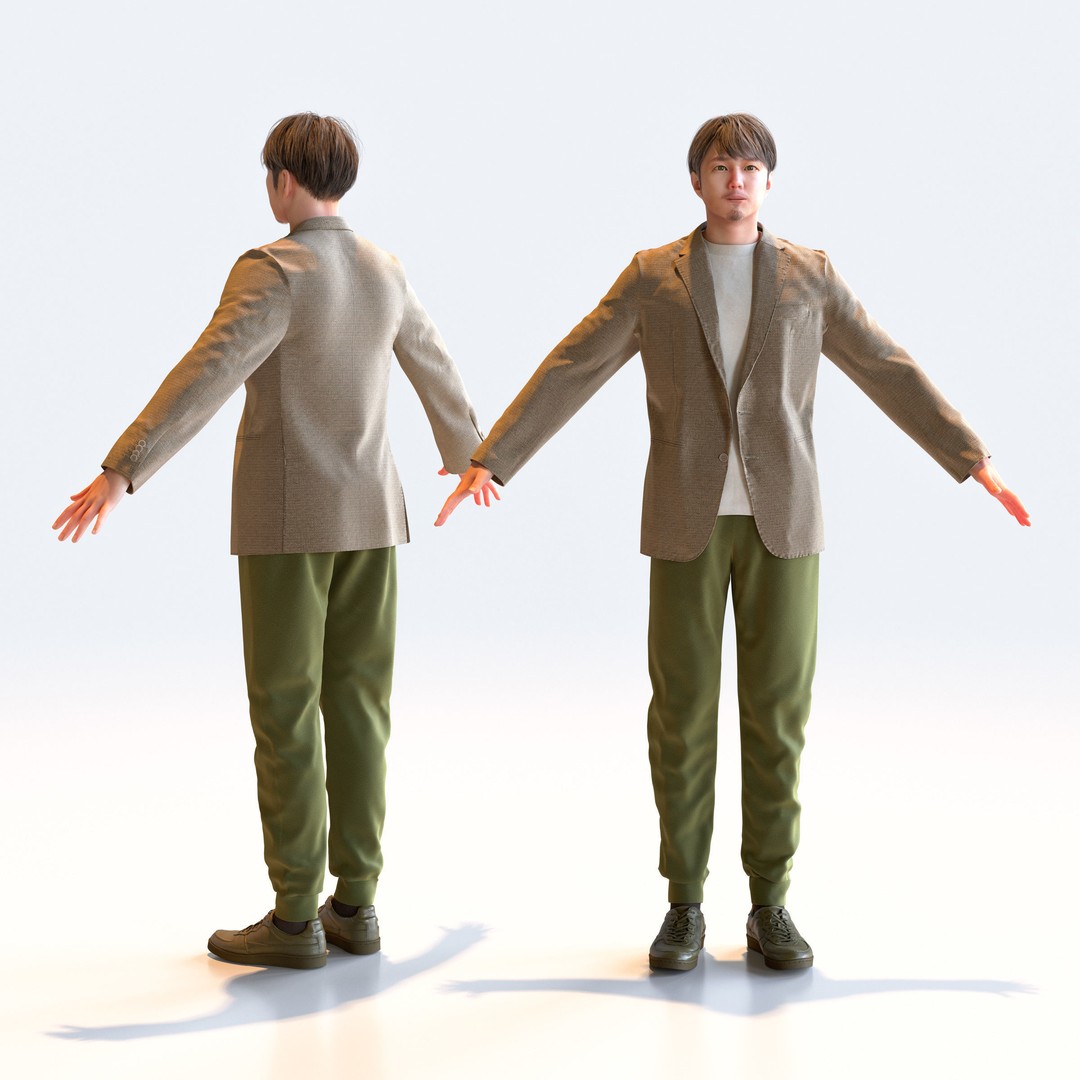 Asian Casual Man 3D Model – A-Pose Character, Rigged, FBX, Blender - View 3