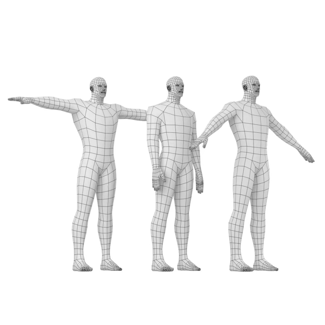 Male Hero 3D Model – Low Poly Base Mesh in Three Poses, FBX - View 2