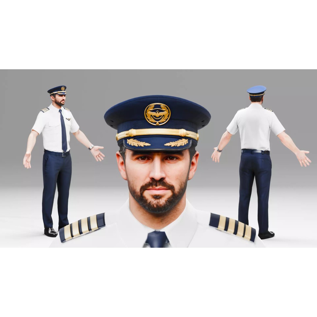 Commercial Airline Pilot Character 3D Model – Low Poly Rigged Game Asset, FBX, OBJ - View 2