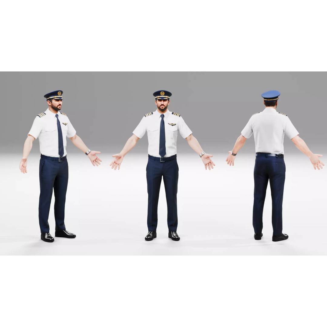 Commercial Airline Pilot Character 3D Model – Low Poly Rigged Game Asset, FBX, OBJ - View 4