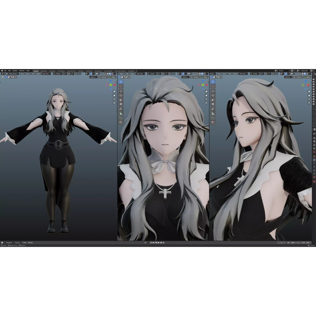 Anime Girl 3D Model – Low Poly Fantasy Character, FBX, Blender - View 3