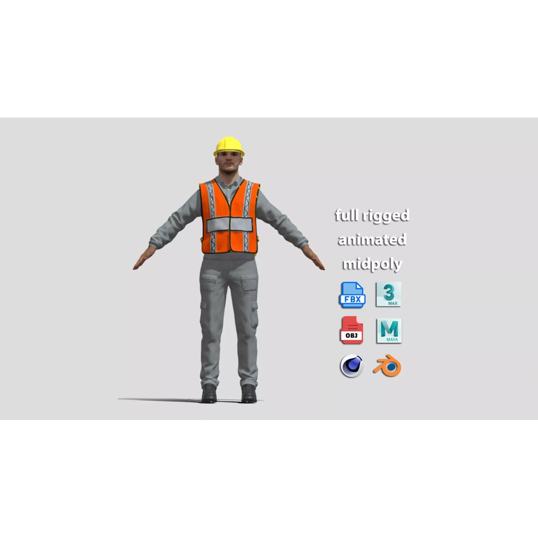 A-Pose Rigged Construction Worker 3D Model – Full Body Face Rig, FBX - View 2