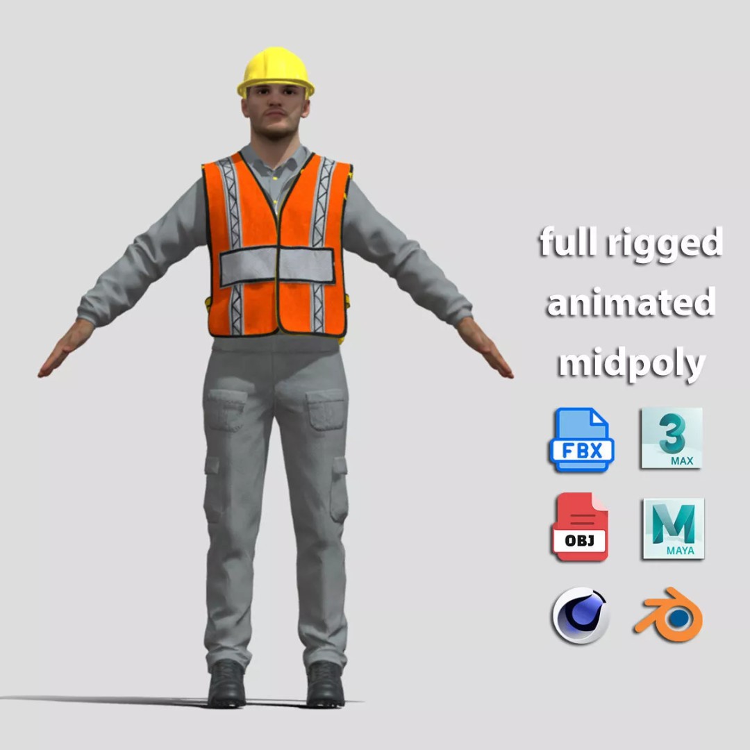 A-Pose Rigged Construction Worker 3D Model – Full Body Face Rig, FBX - View 3