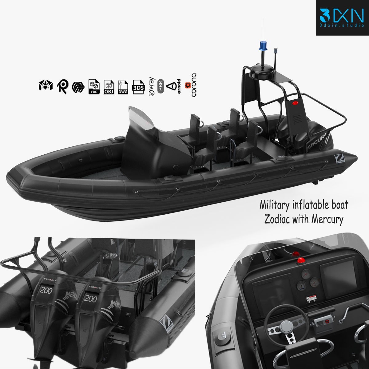 Military Inflatable Zodiac Boat with Mercury - Game-Ready 3D Model