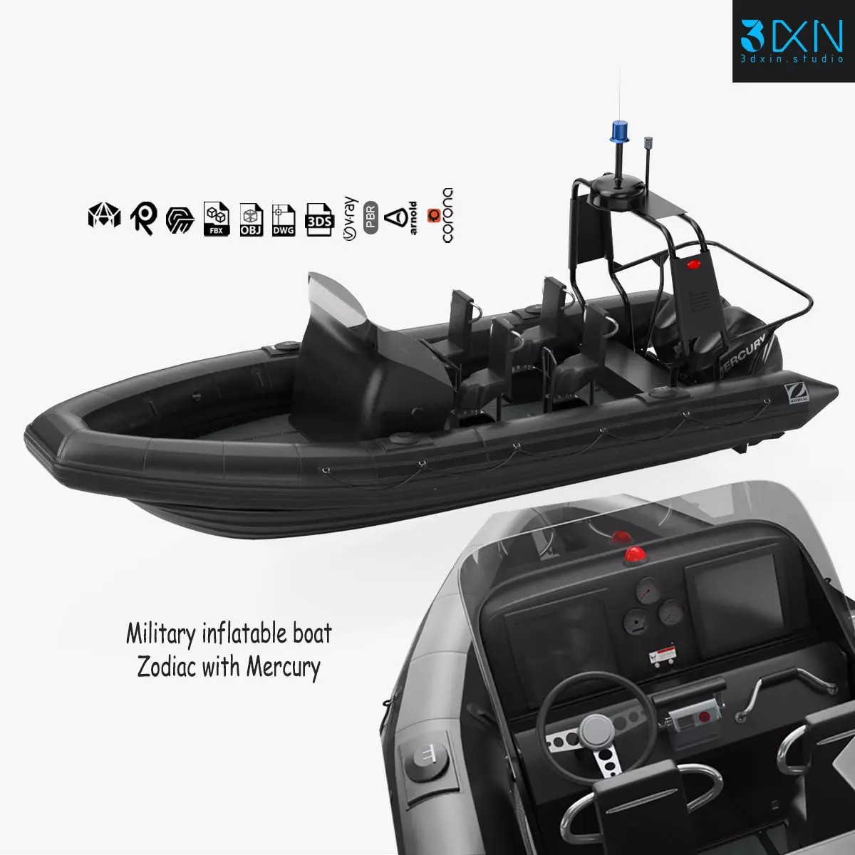 Military Inflatable Zodiac Boat with Mercury - Game-Ready 3D Model - View 2