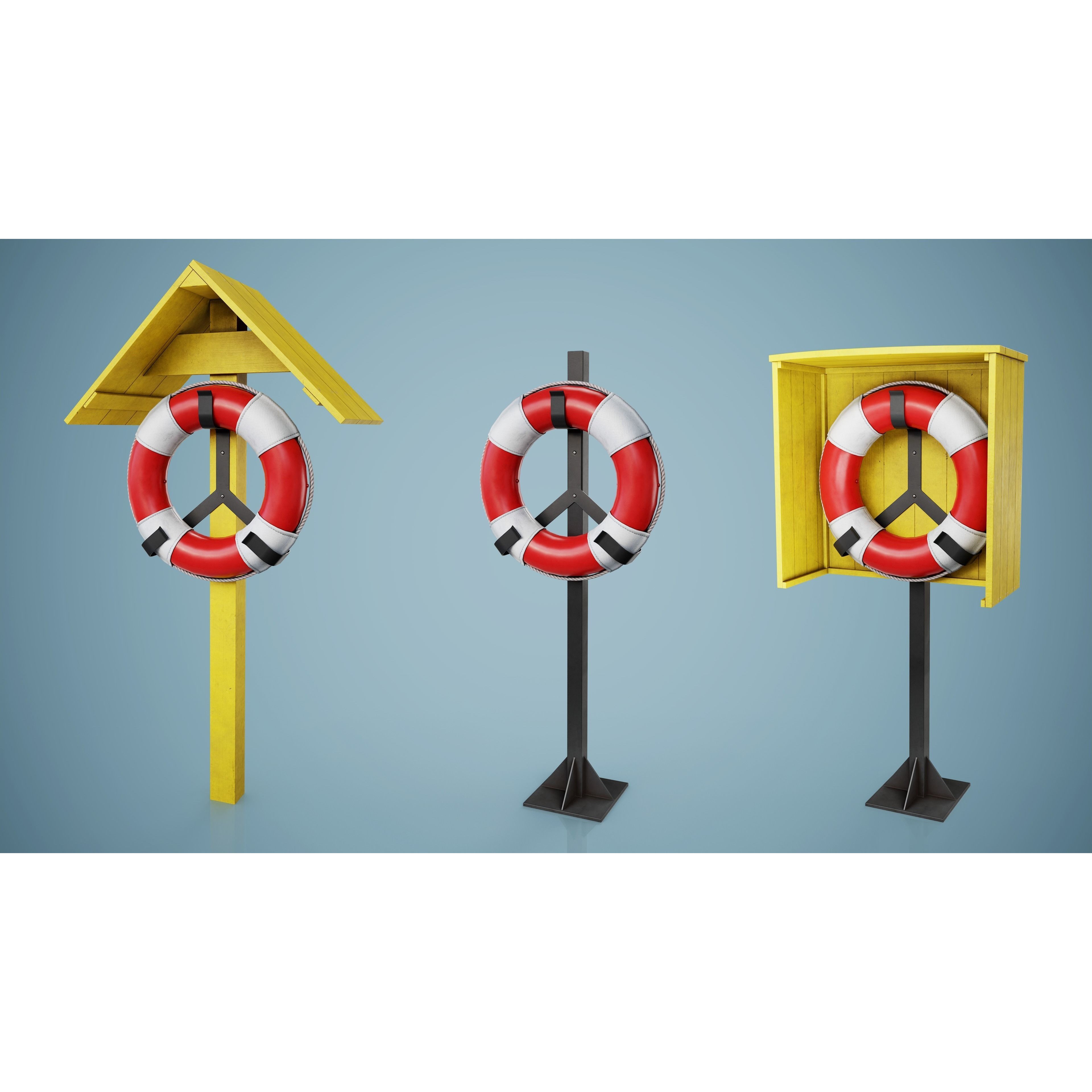 Set of 3 Lifebuoys - Low-Poly Game-Ready 3D Model