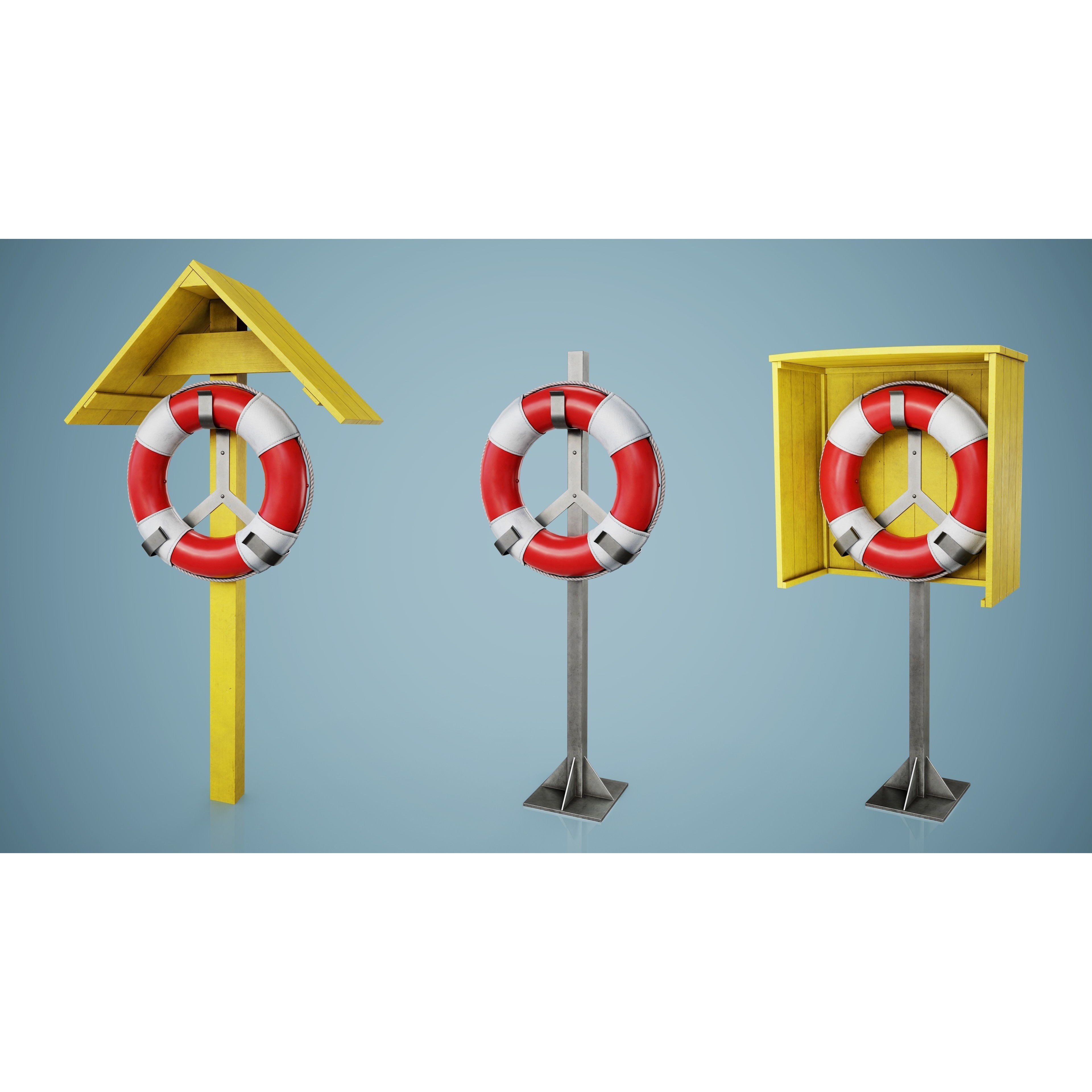 Set of 3 Lifebuoys - Low-Poly Game-Ready 3D Model - View 11