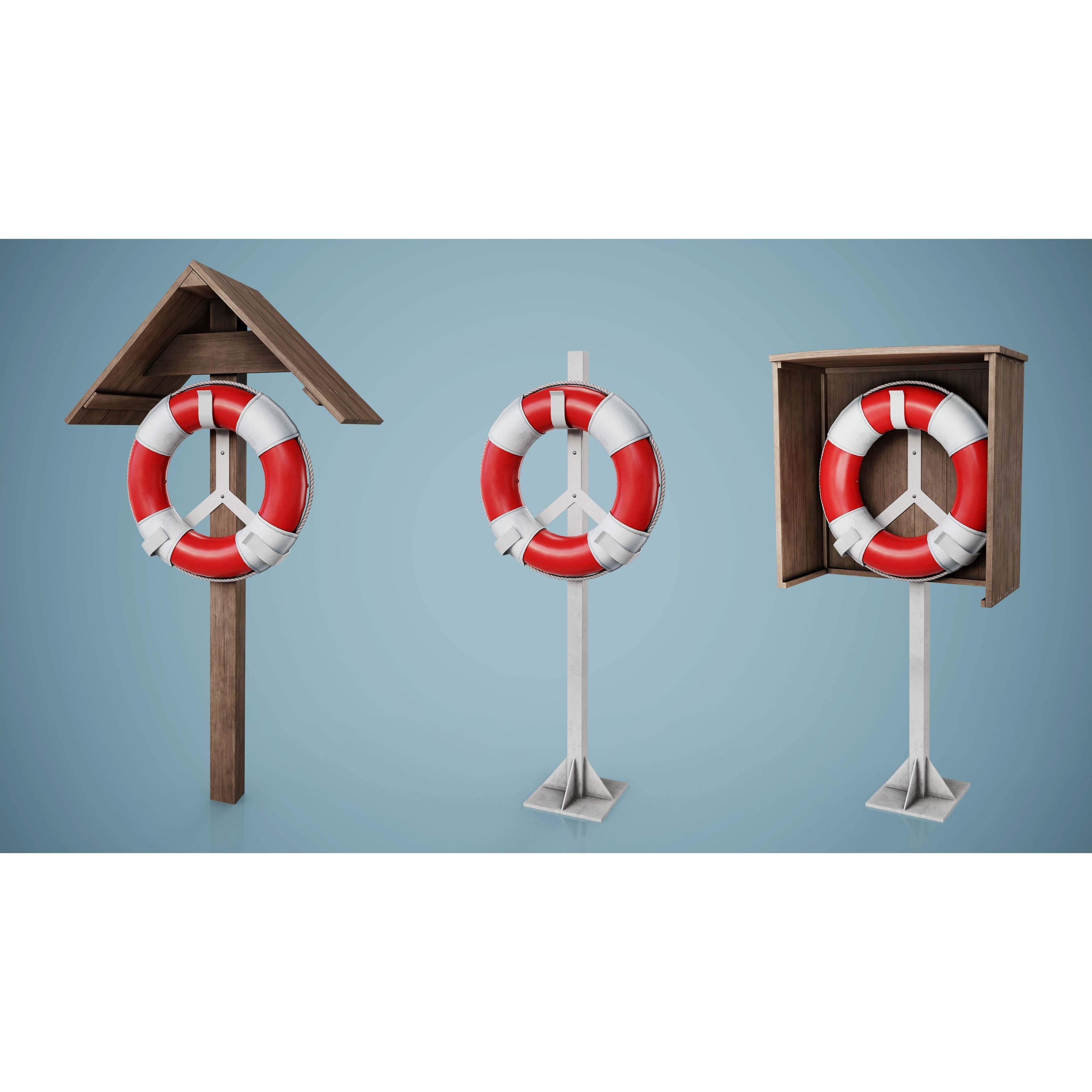 Set of 3 Lifebuoys - Low-Poly Game-Ready 3D Model - View 12