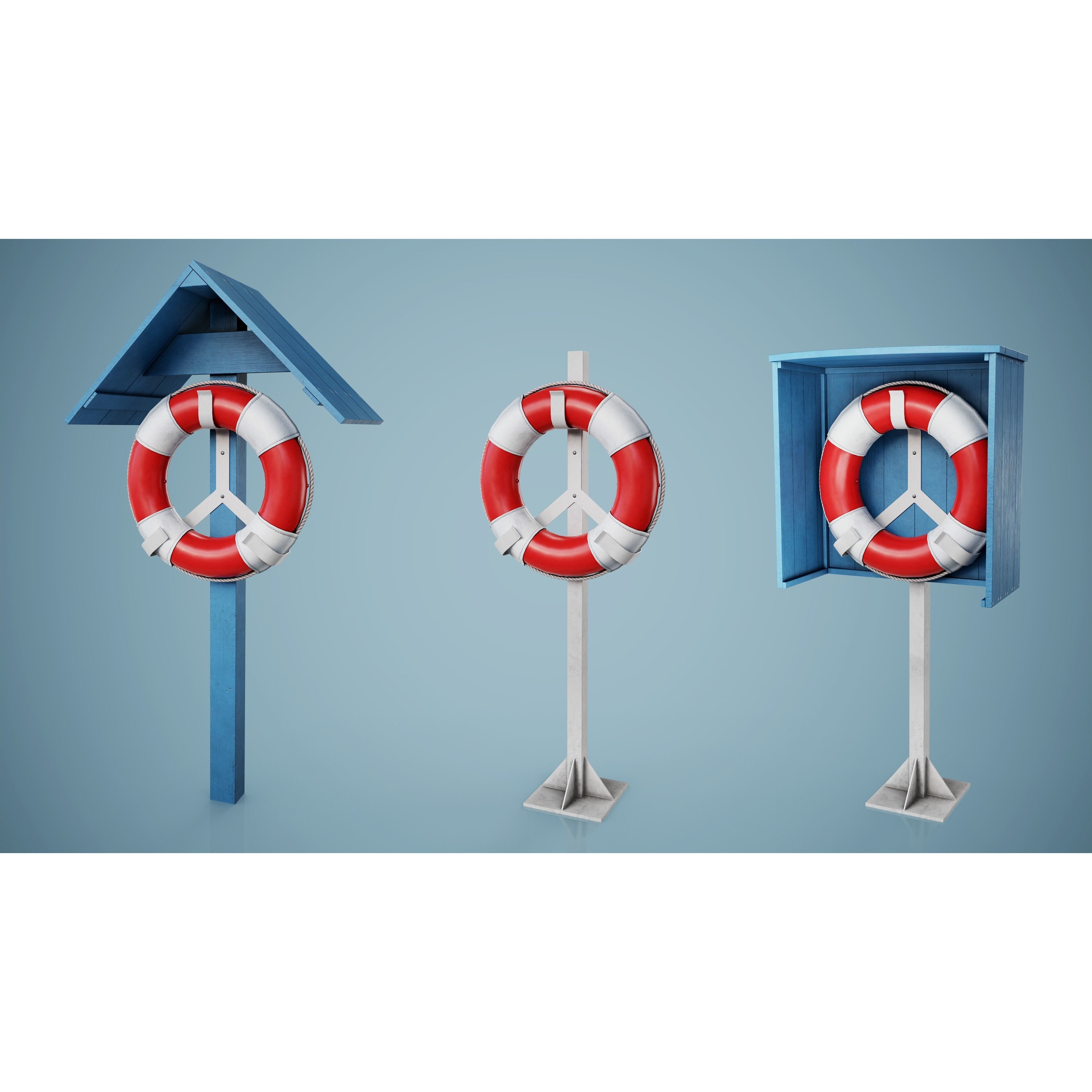Set of 3 Lifebuoys - Low-Poly Game-Ready 3D Model - View 13