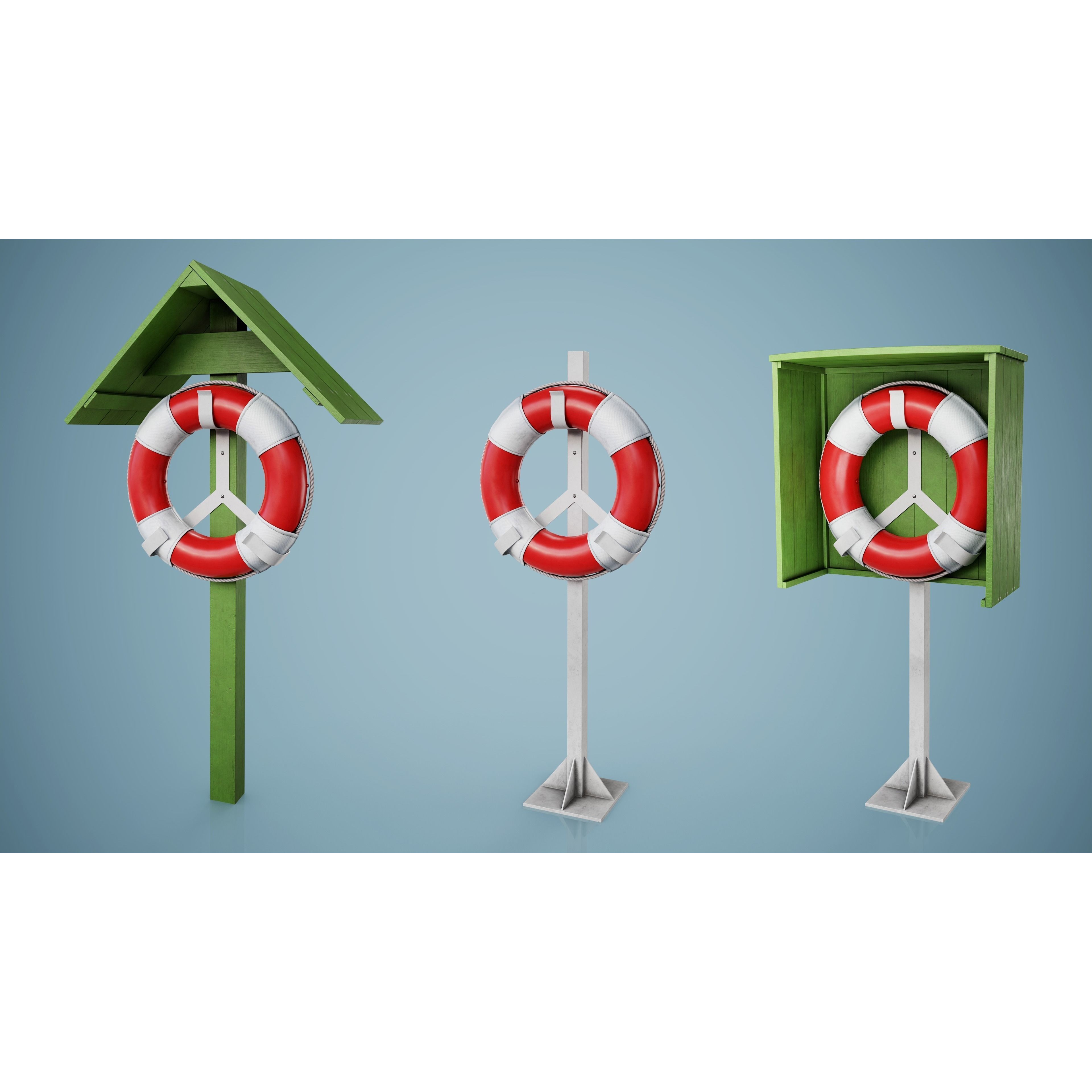 Set of 3 Lifebuoys - Low-Poly Game-Ready 3D Model - View 14