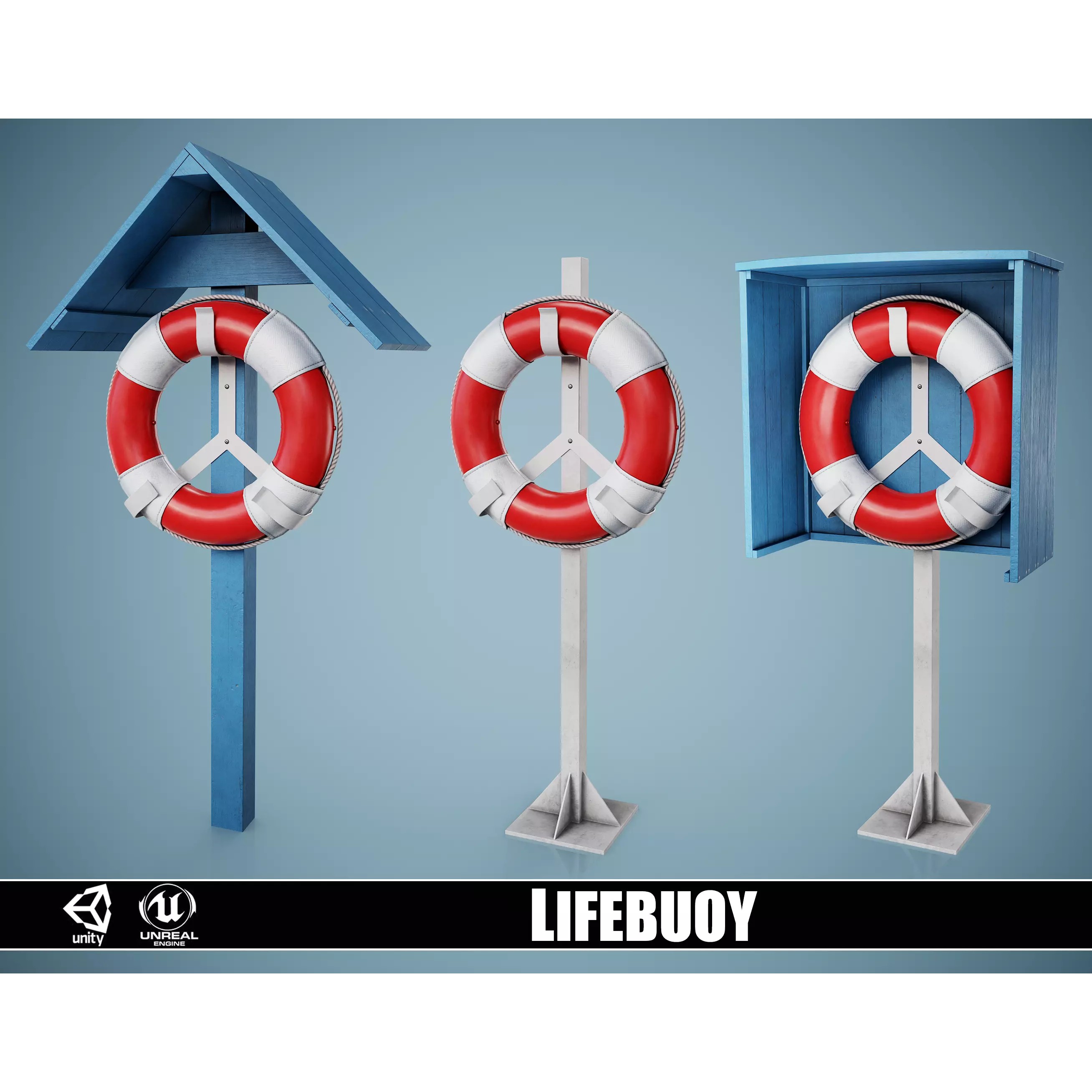 Set of 3 Lifebuoys - Low-Poly Game-Ready 3D Model - View 2