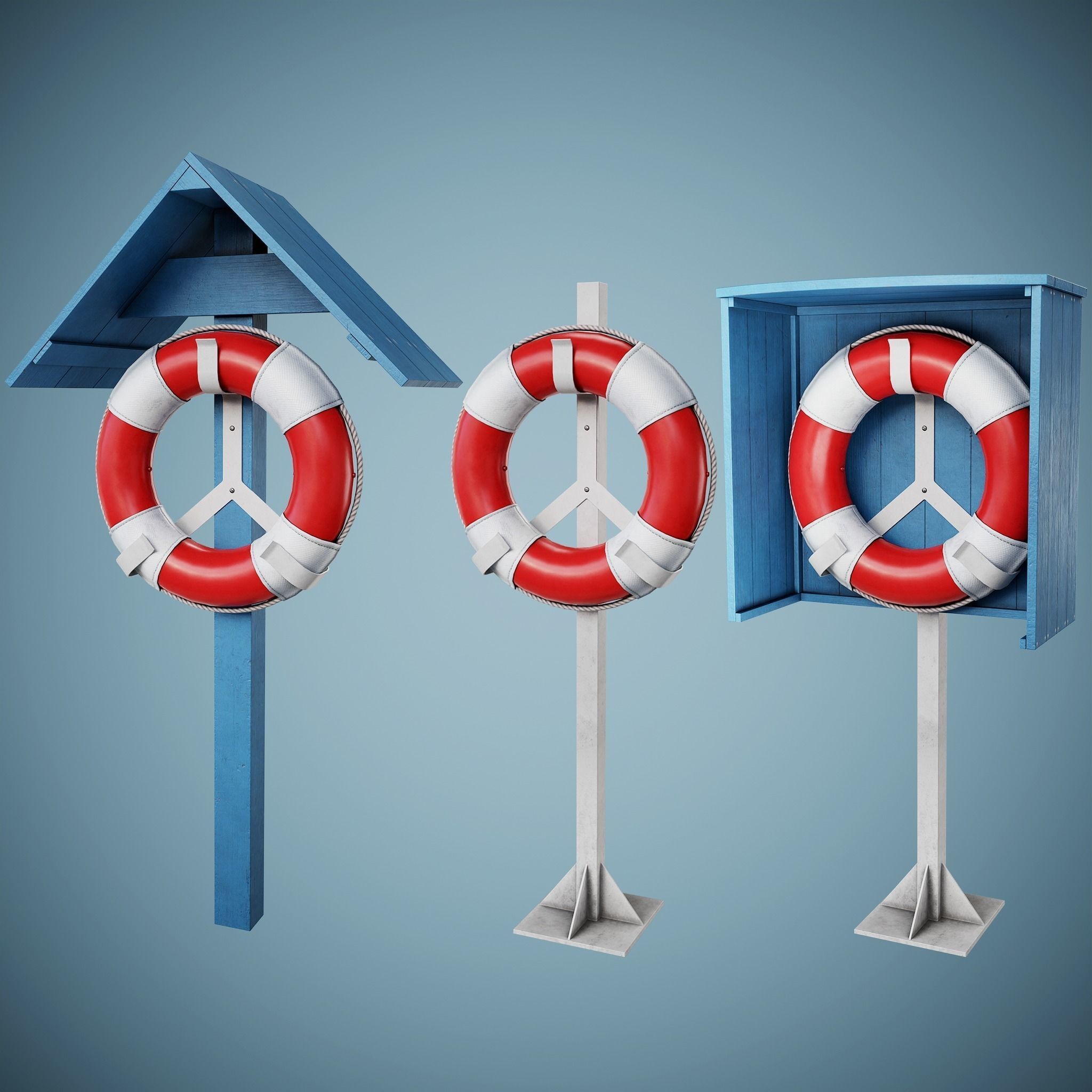 Set of 3 Lifebuoys - Low-Poly Game-Ready 3D Model - View 3