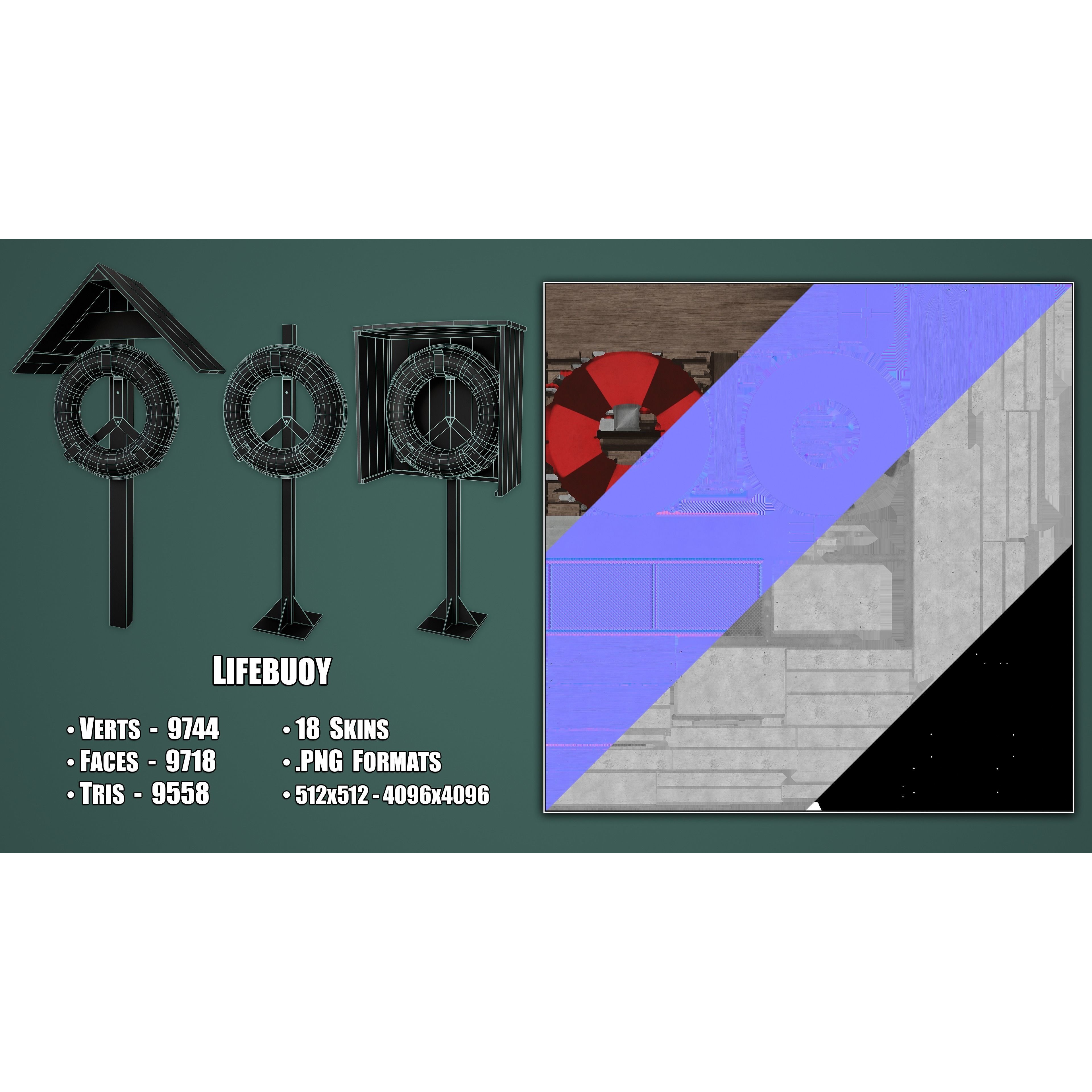 Set of 3 Lifebuoys - Low-Poly Game-Ready 3D Model - View 4