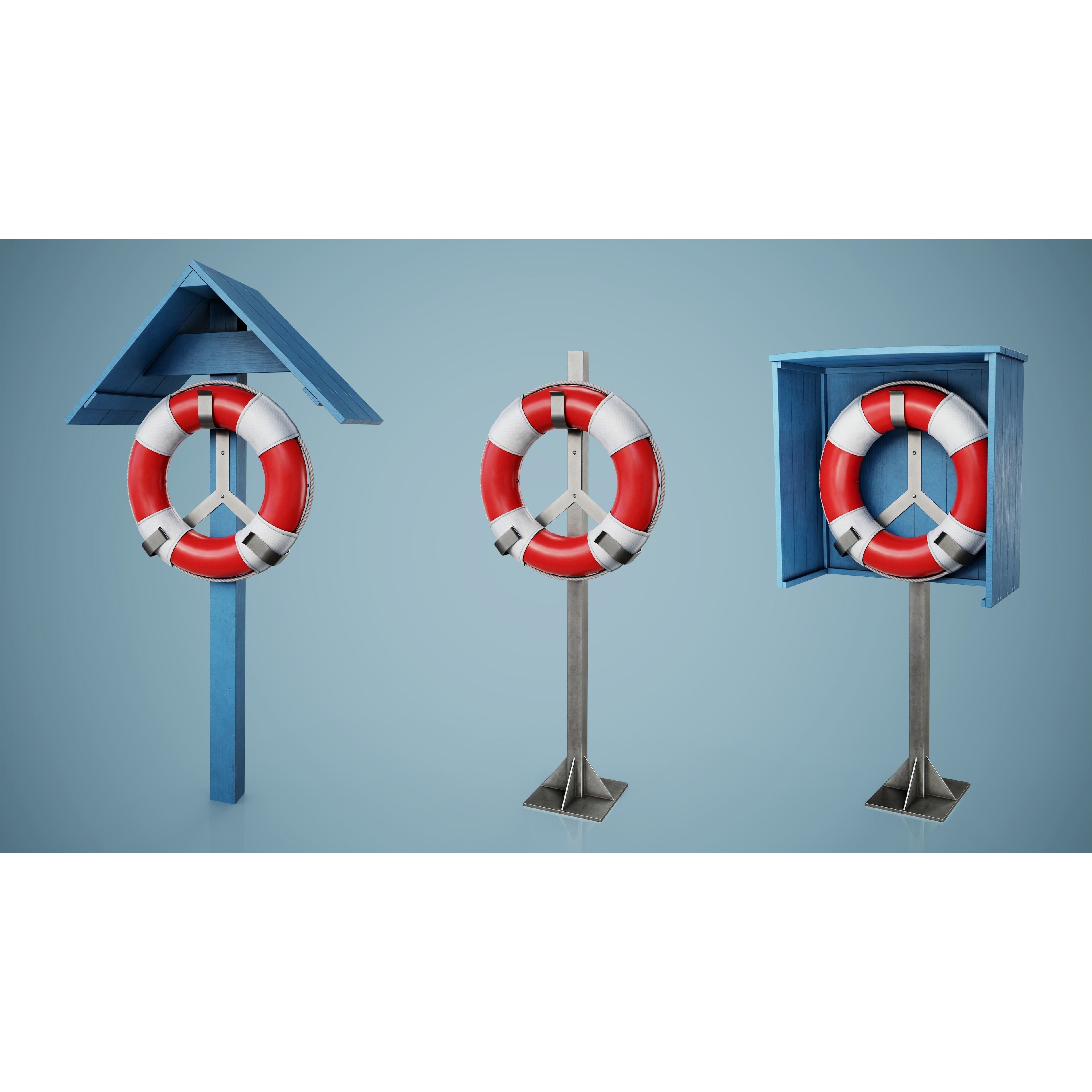 Set of 3 Lifebuoys - Low-Poly Game-Ready 3D Model - View 7