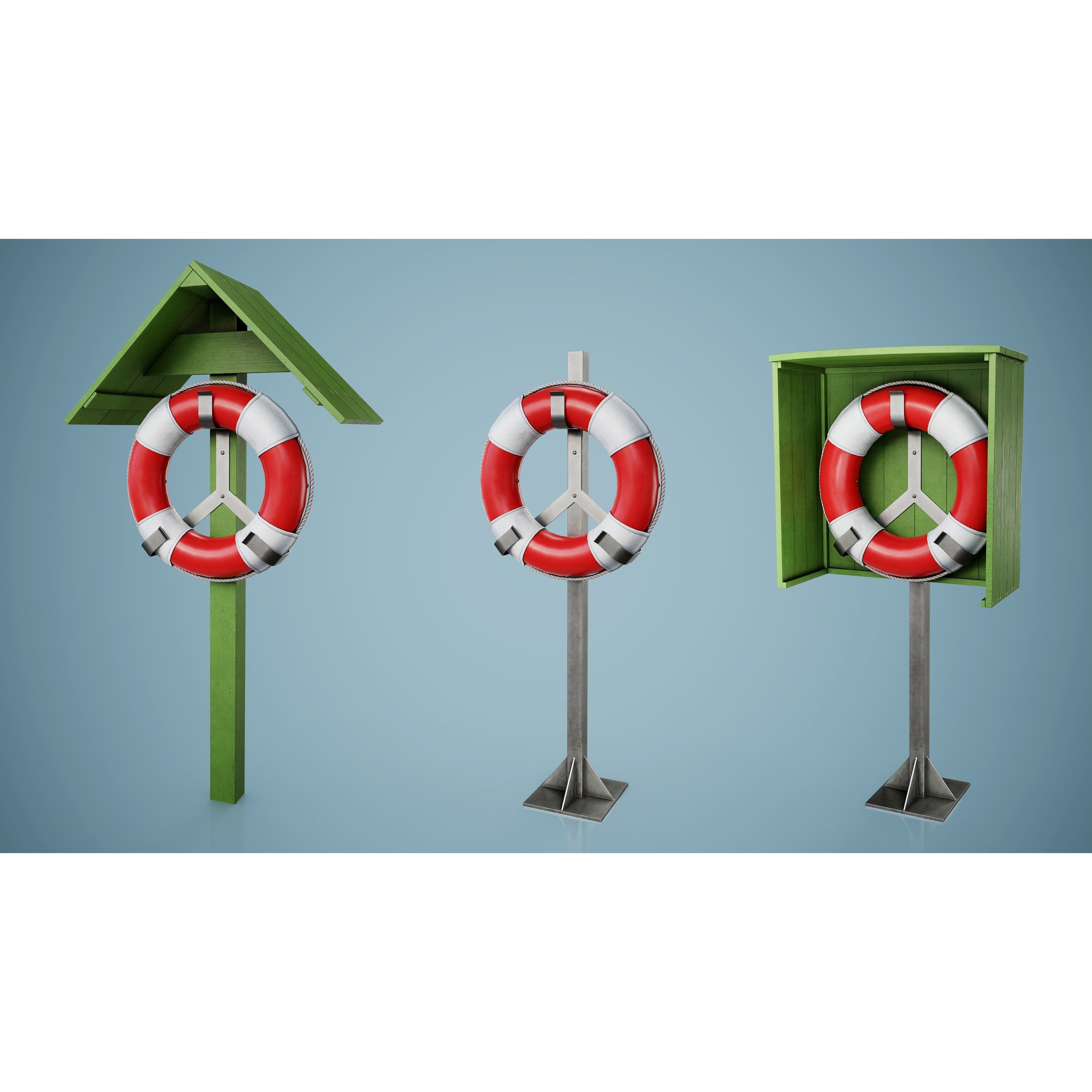 Set of 3 Lifebuoys - Low-Poly Game-Ready 3D Model - View 8