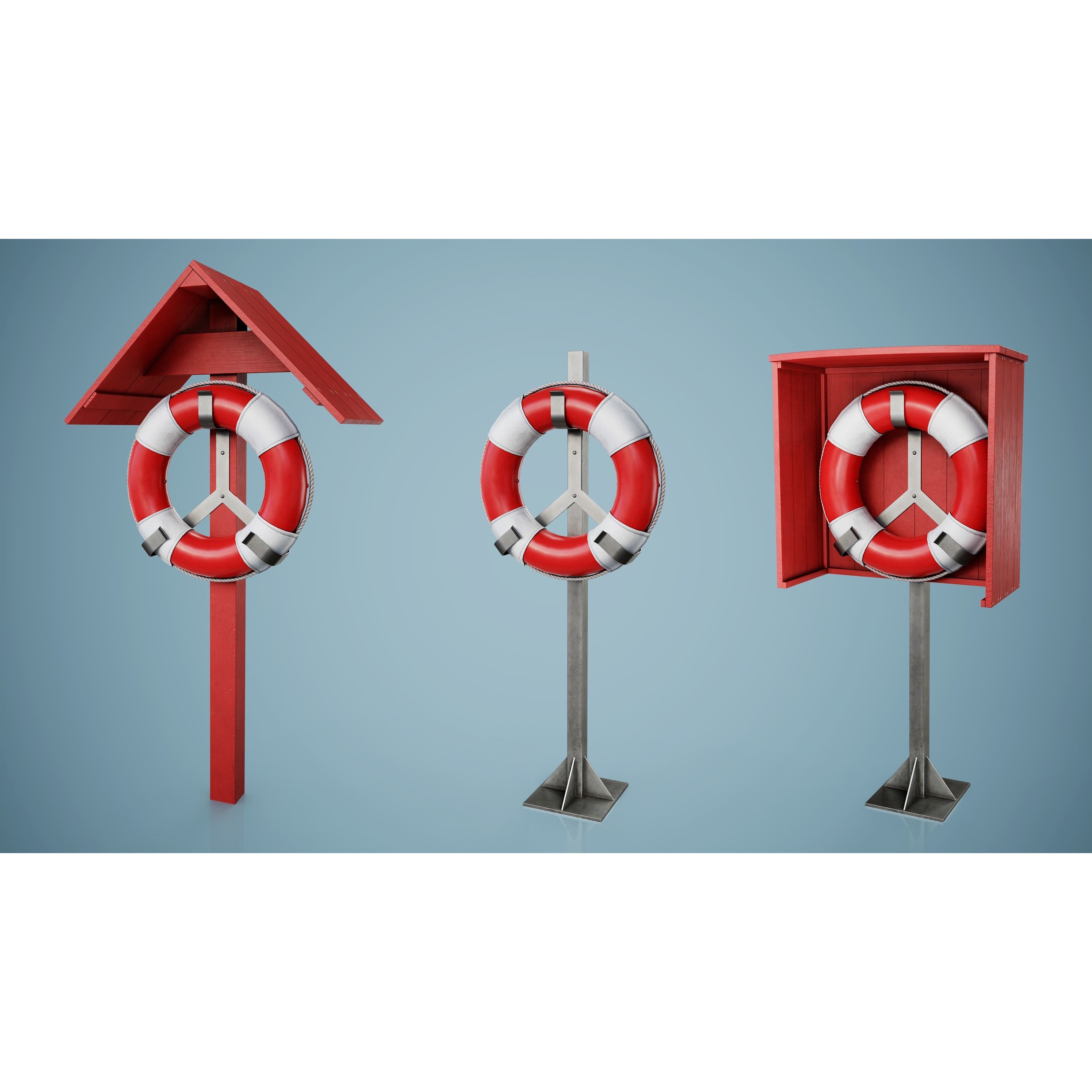 Set of 3 Lifebuoys - Low-Poly Game-Ready 3D Model - View 9