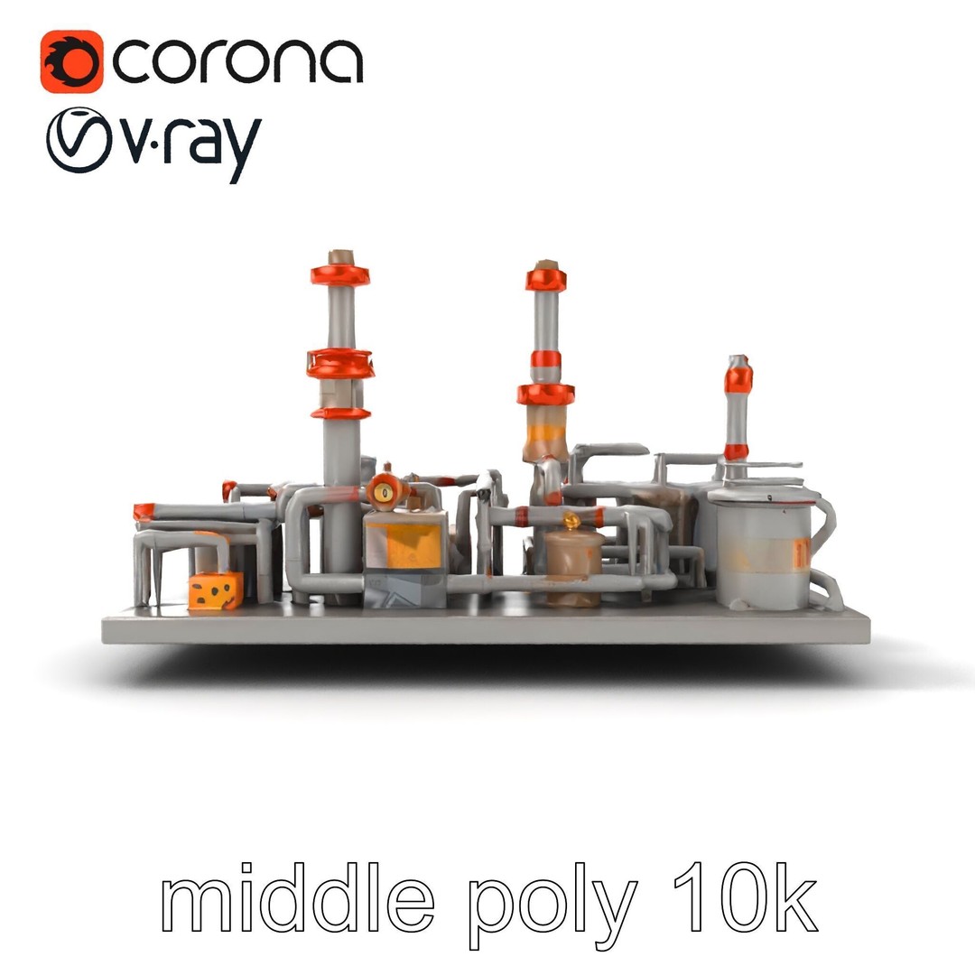 Industrial Oil Refinery 3D Model – Low Poly Modular Kitbash, FBX