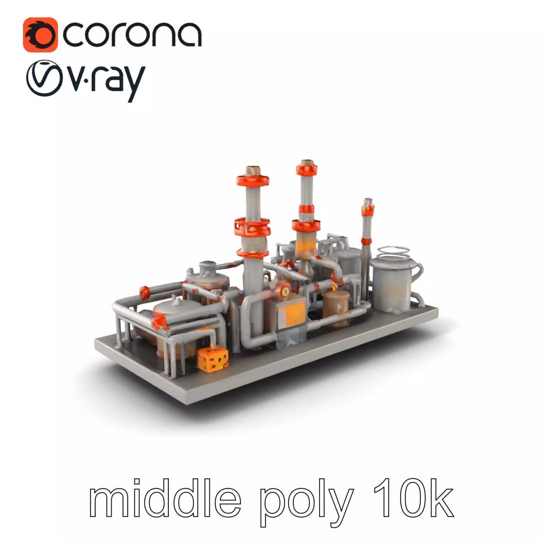 Industrial Oil Refinery 3D Model – Low Poly Modular Kitbash, FBX - View 2