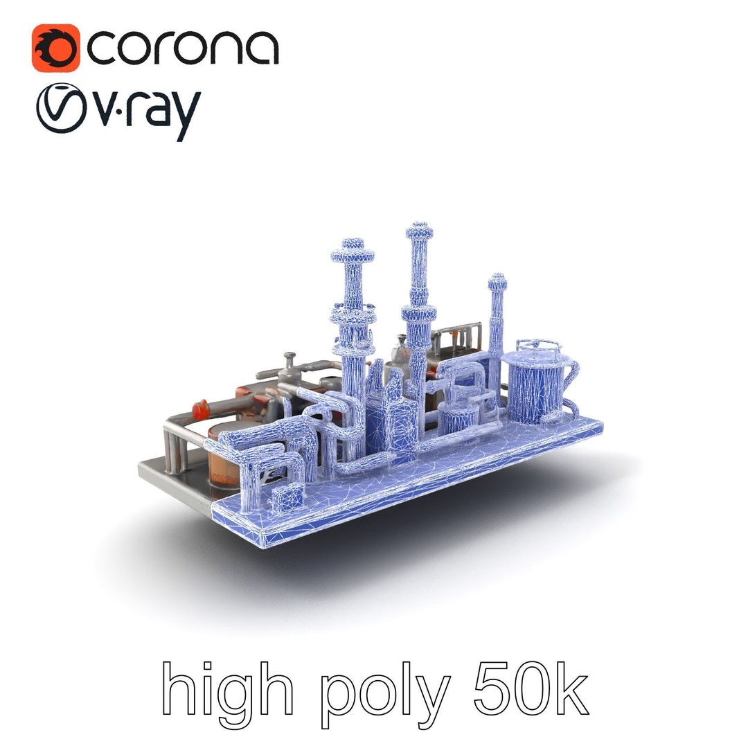 Industrial Oil Refinery 3D Model – Low Poly Modular Kitbash, FBX - View 3