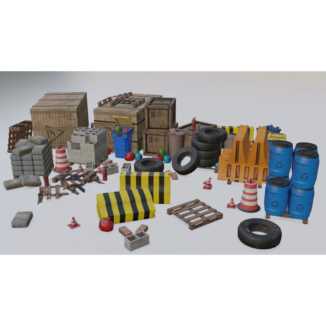 Construction Site Props 3D Model – Low Poly Game Ready Asset, FBX, OBJ - View 2