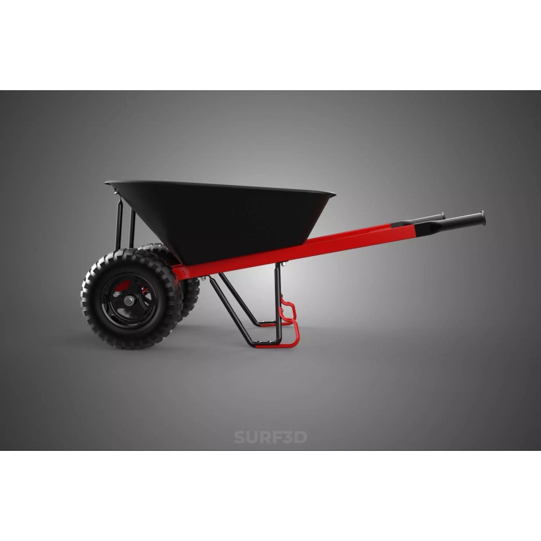 Red Black Two Tire Wheeled Wheelbarrow 3D Model – Dual-Wheeled Utility Cart - View 12