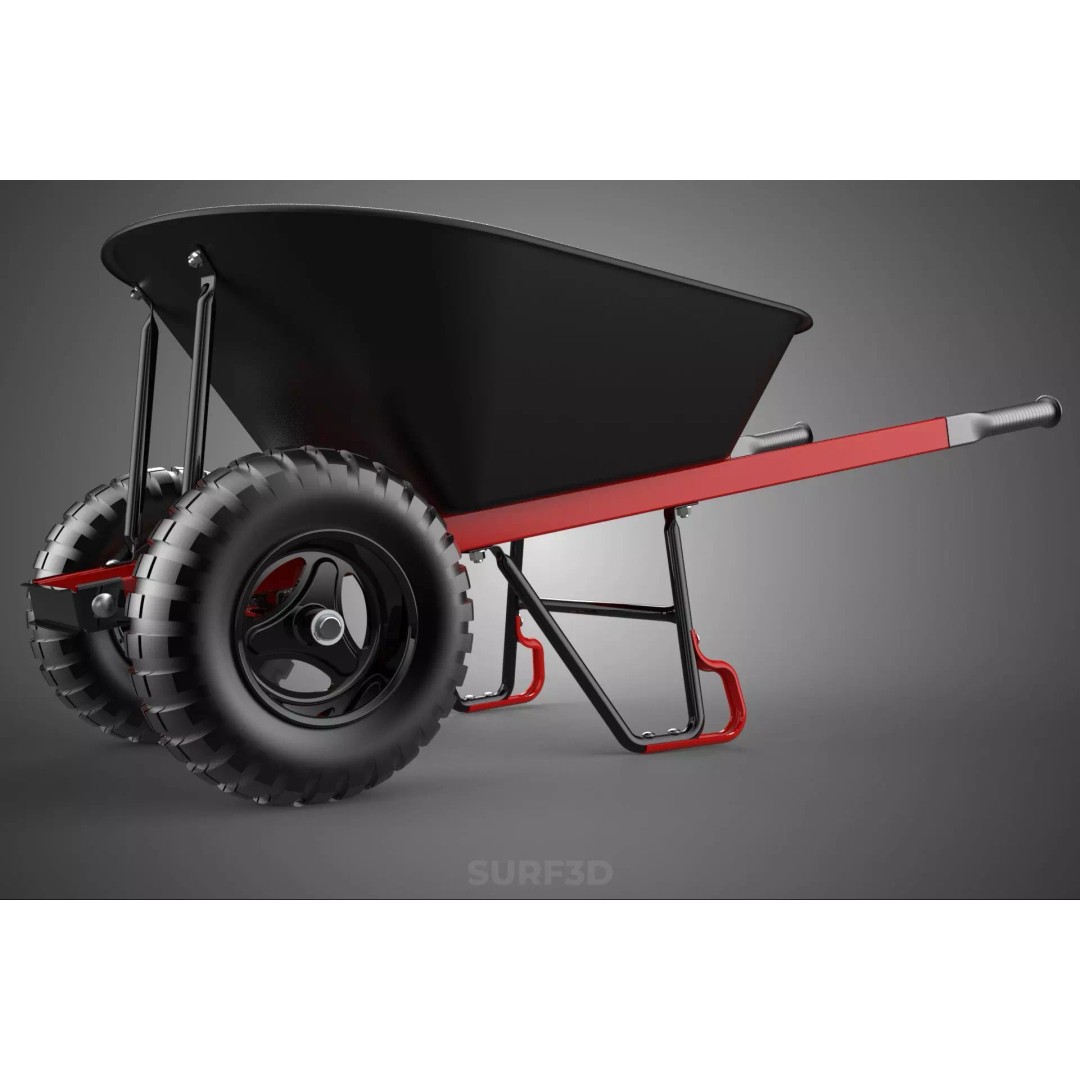 Red Black Two Tire Wheeled Wheelbarrow 3D Model – Dual-Wheeled Utility Cart - View 15