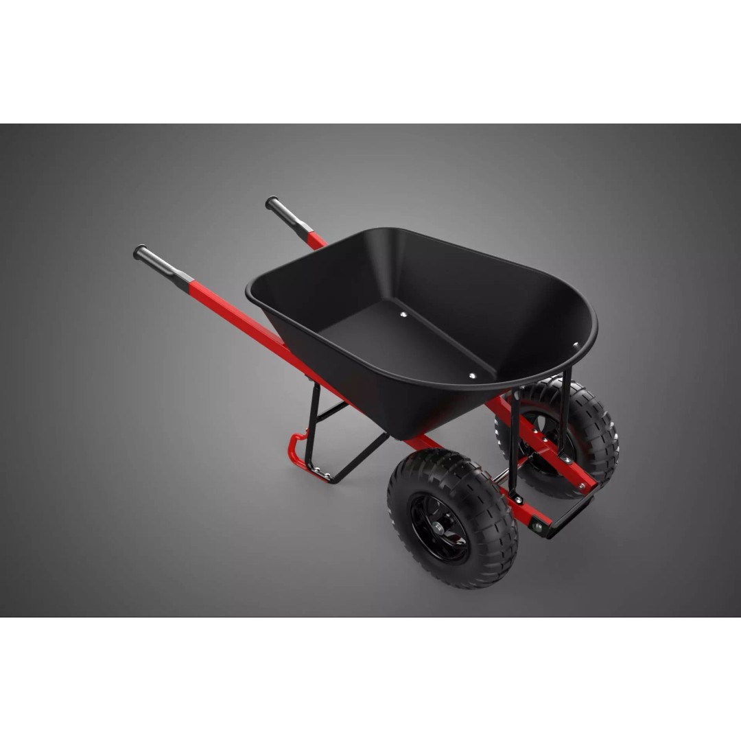 Red Black Two Tire Wheeled Wheelbarrow 3D Model – Dual-Wheeled Utility Cart - View 16