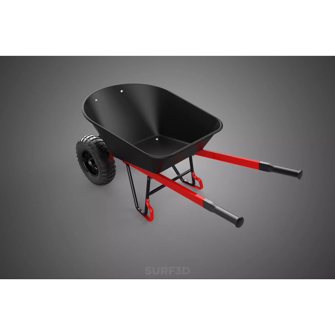 Red Black Two Tire Wheeled Wheelbarrow 3D Model – Dual-Wheeled Utility Cart - View 18