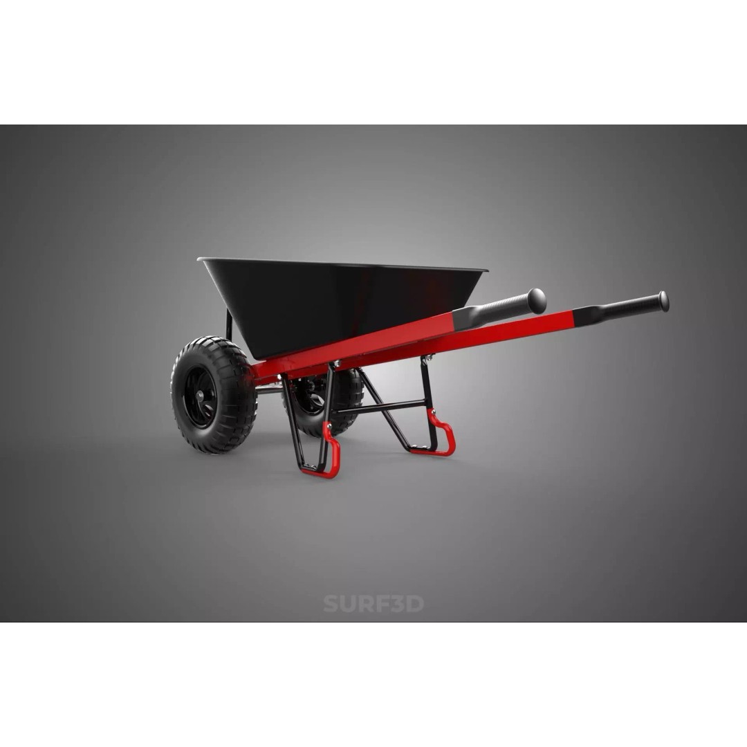 Red Black Two Tire Wheeled Wheelbarrow 3D Model – Dual-Wheeled Utility Cart - View 20