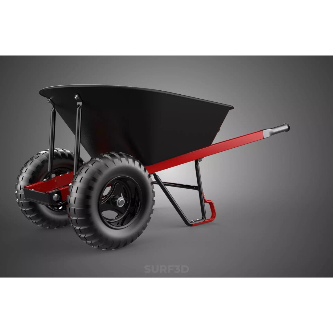 Red Black Two Tire Wheeled Wheelbarrow 3D Model – Dual-Wheeled Utility Cart - View 3