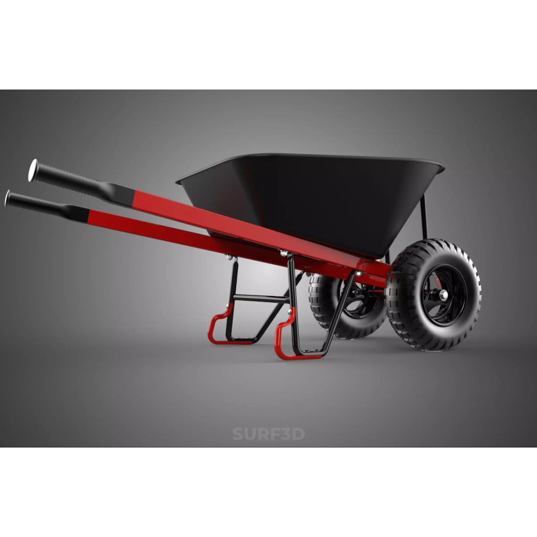 Red Black Two Tire Wheeled Wheelbarrow 3D Model – Dual-Wheeled Utility Cart - View 30