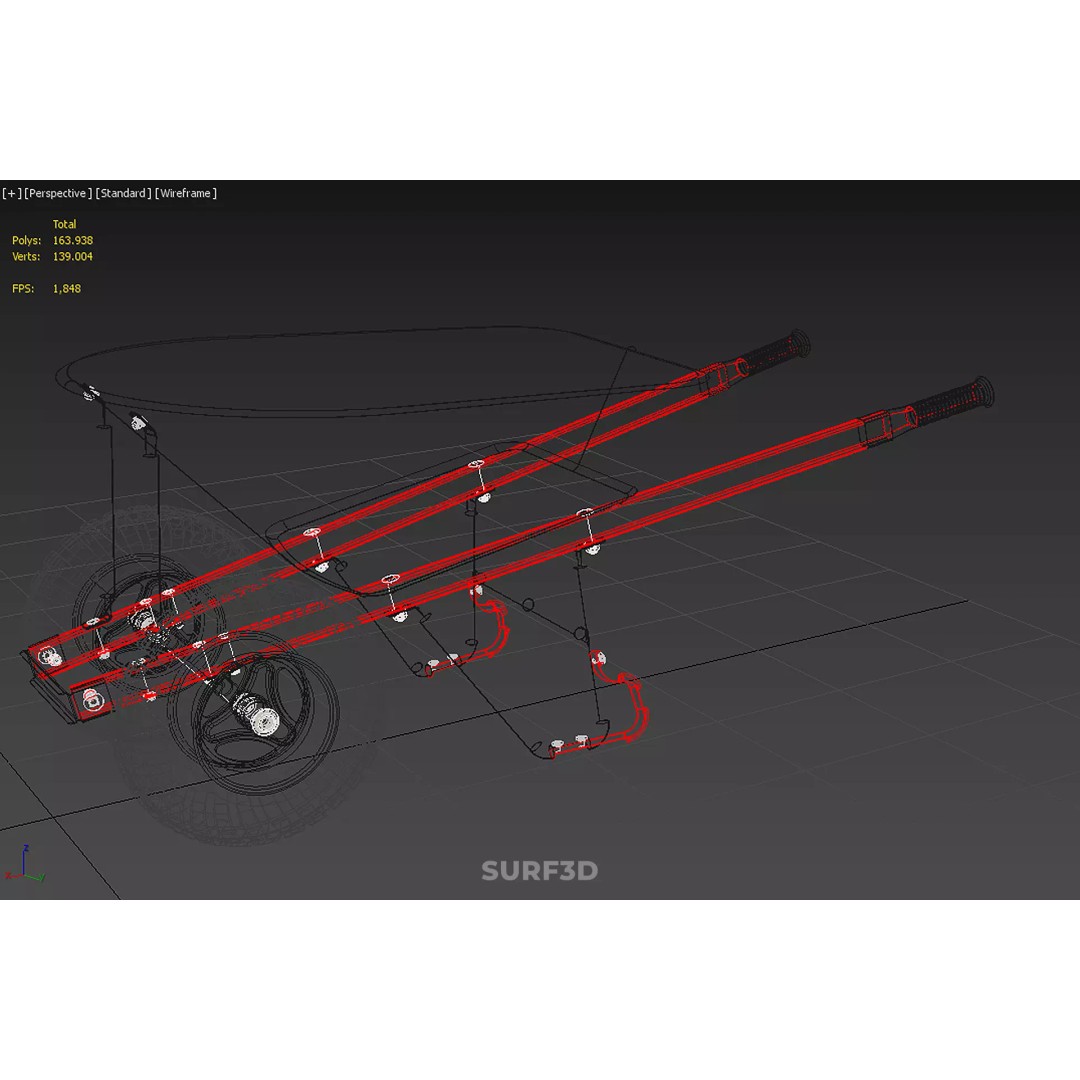 Red Black Two Tire Wheeled Wheelbarrow 3D Model – Dual-Wheeled Utility Cart - View 35