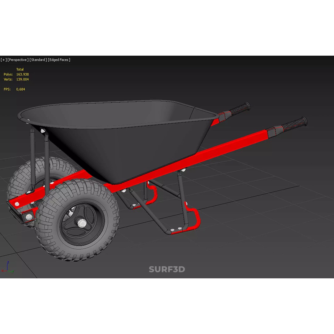 Red Black Two Tire Wheeled Wheelbarrow 3D Model – Dual-Wheeled Utility Cart - View 36