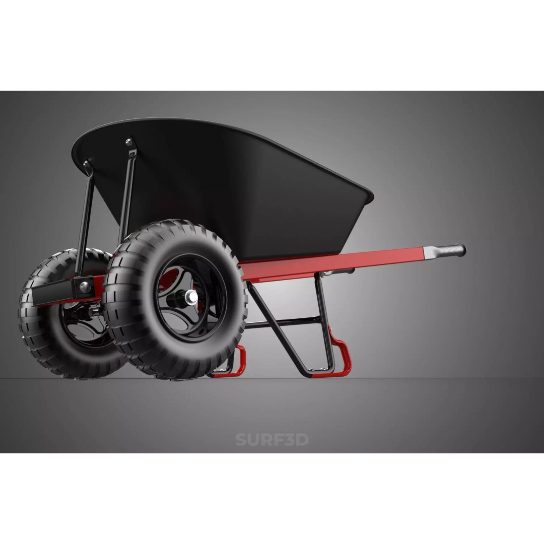 Red Black Two Tire Wheeled Wheelbarrow 3D Model – Dual-Wheeled Utility Cart - View 5