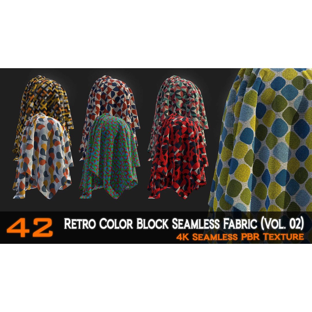 Retro Color Block Fabric 3D Model – 42 Seamless PBR Textures - View 2