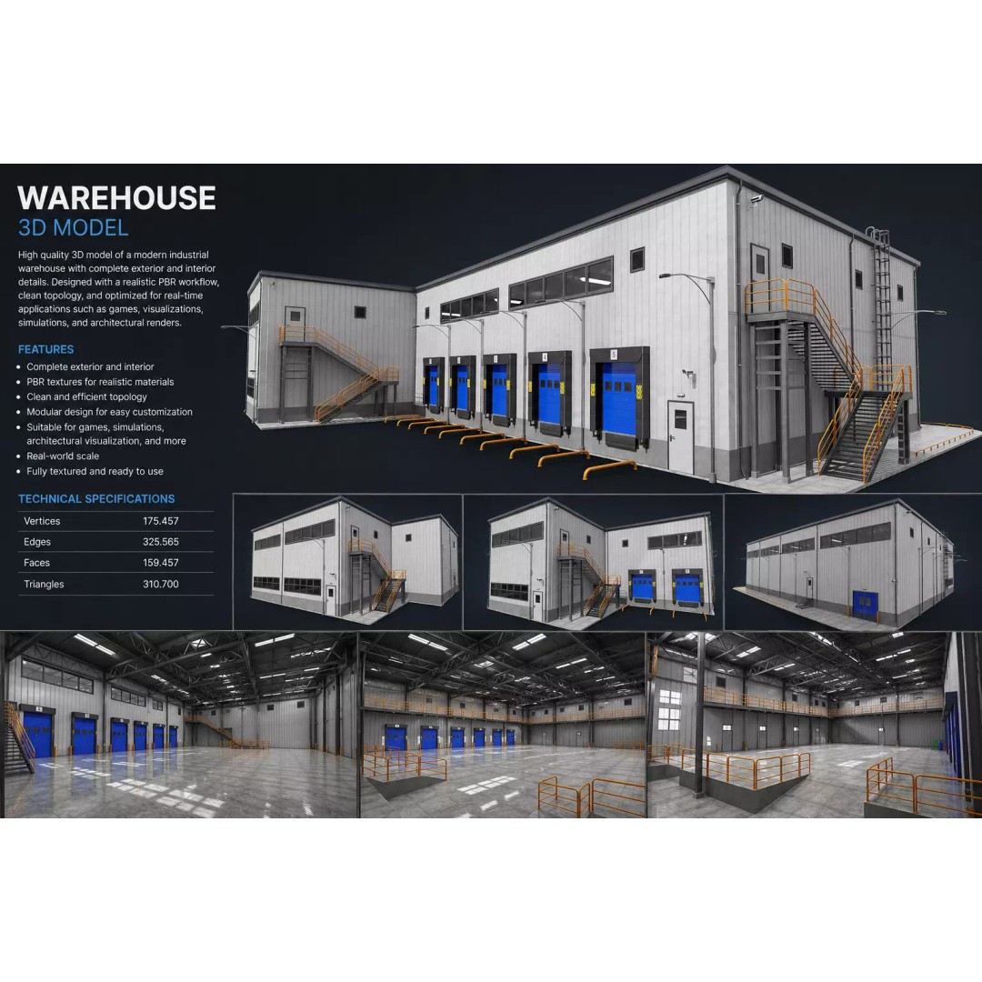 Modern Warehouse 3D Model – High-Quality PBR Industrial Design, FBX - View 2
