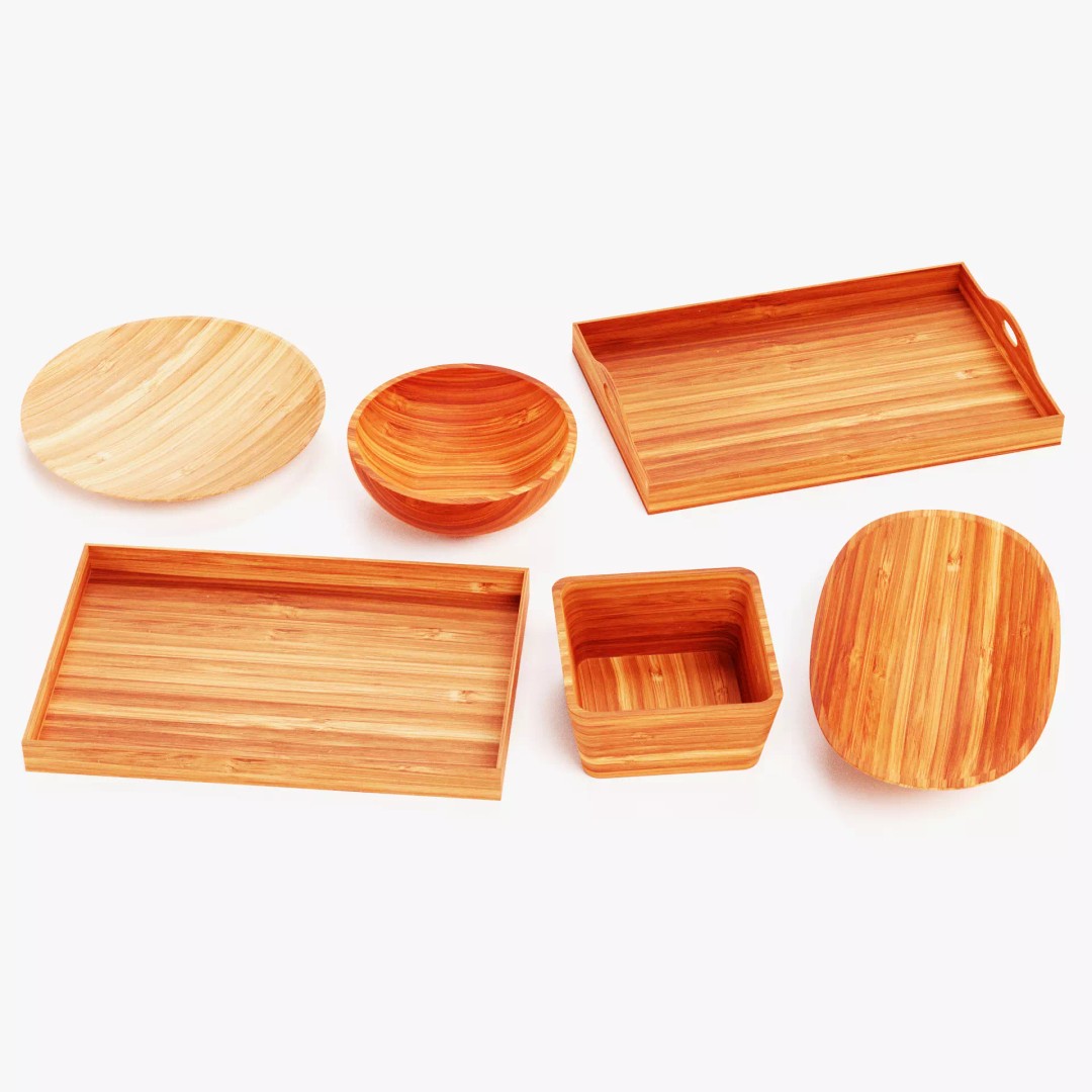 Bamboo Tableware 3D Model – Low Poly Decorative Bowls and Trays, Blender