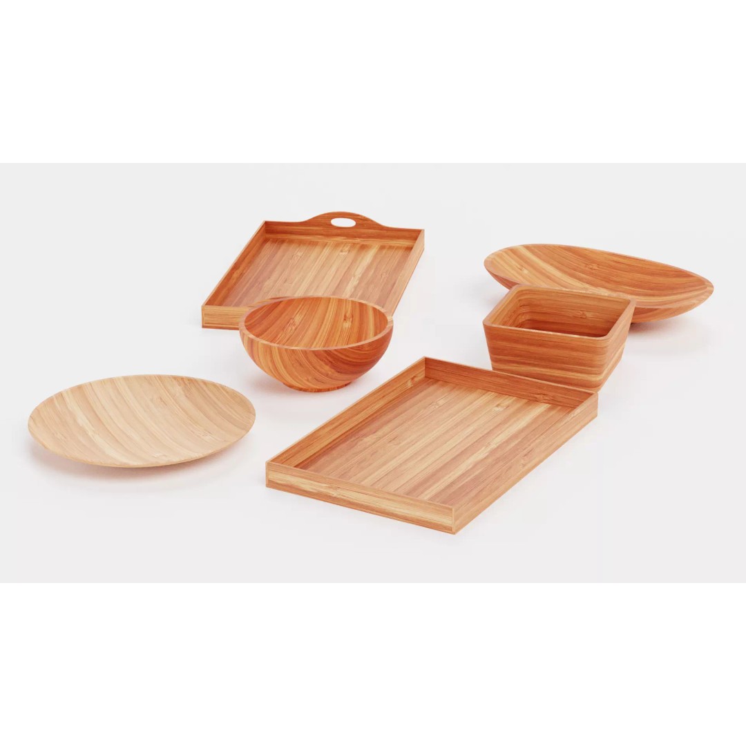 Bamboo Tableware 3D Model – Low Poly Decorative Bowls and Trays, Blender - View 10