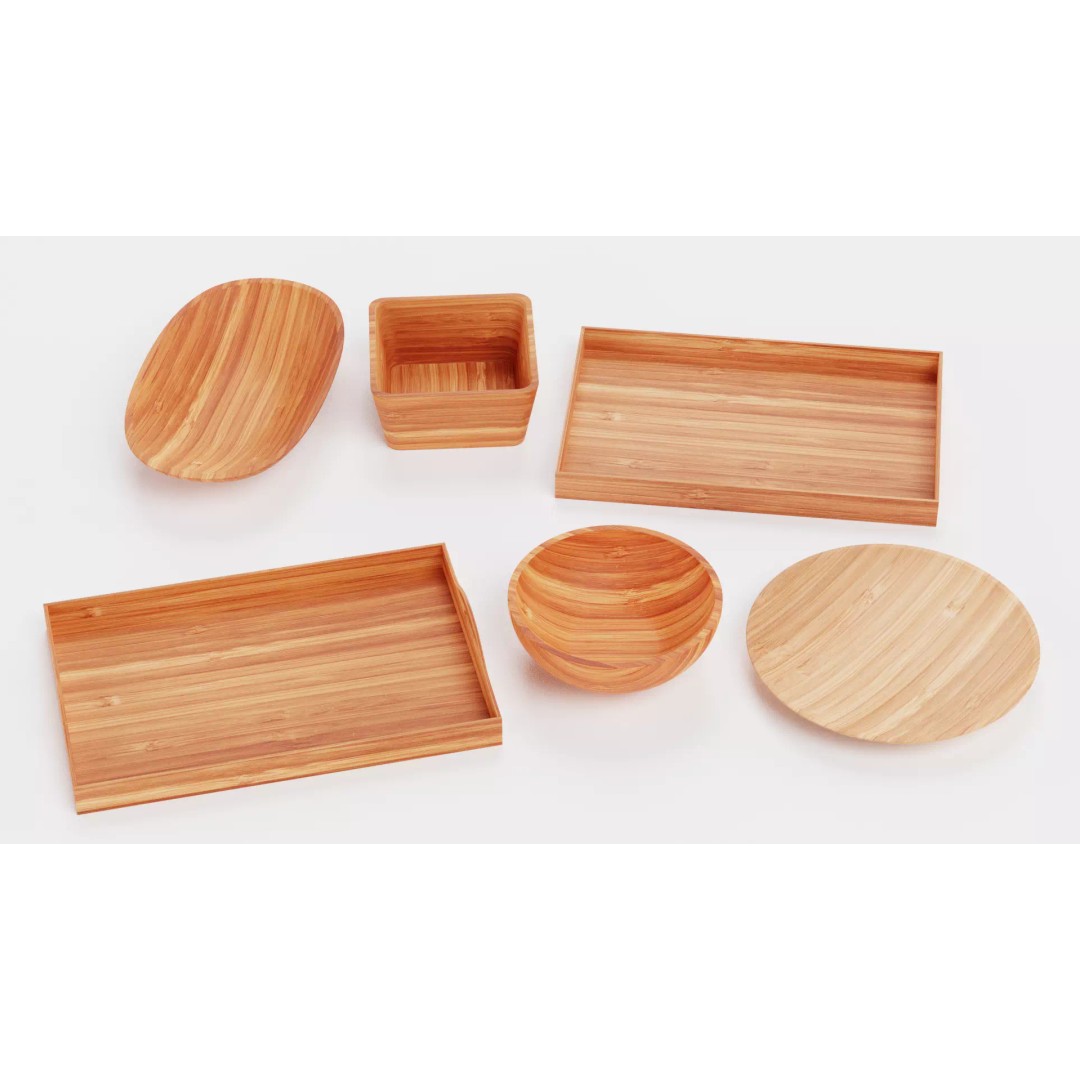 Bamboo Tableware 3D Model – Low Poly Decorative Bowls and Trays, Blender - View 12