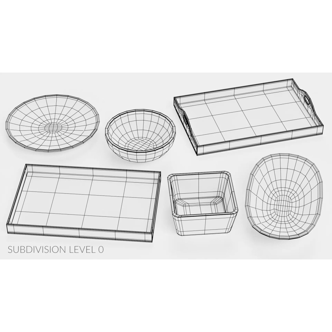 Bamboo Tableware 3D Model – Low Poly Decorative Bowls and Trays, Blender - View 17