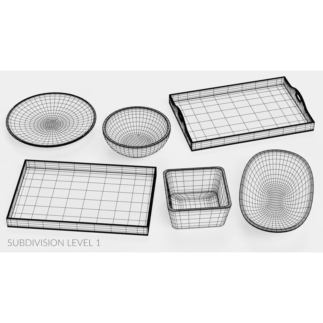 Bamboo Tableware 3D Model – Low Poly Decorative Bowls and Trays, Blender - View 18