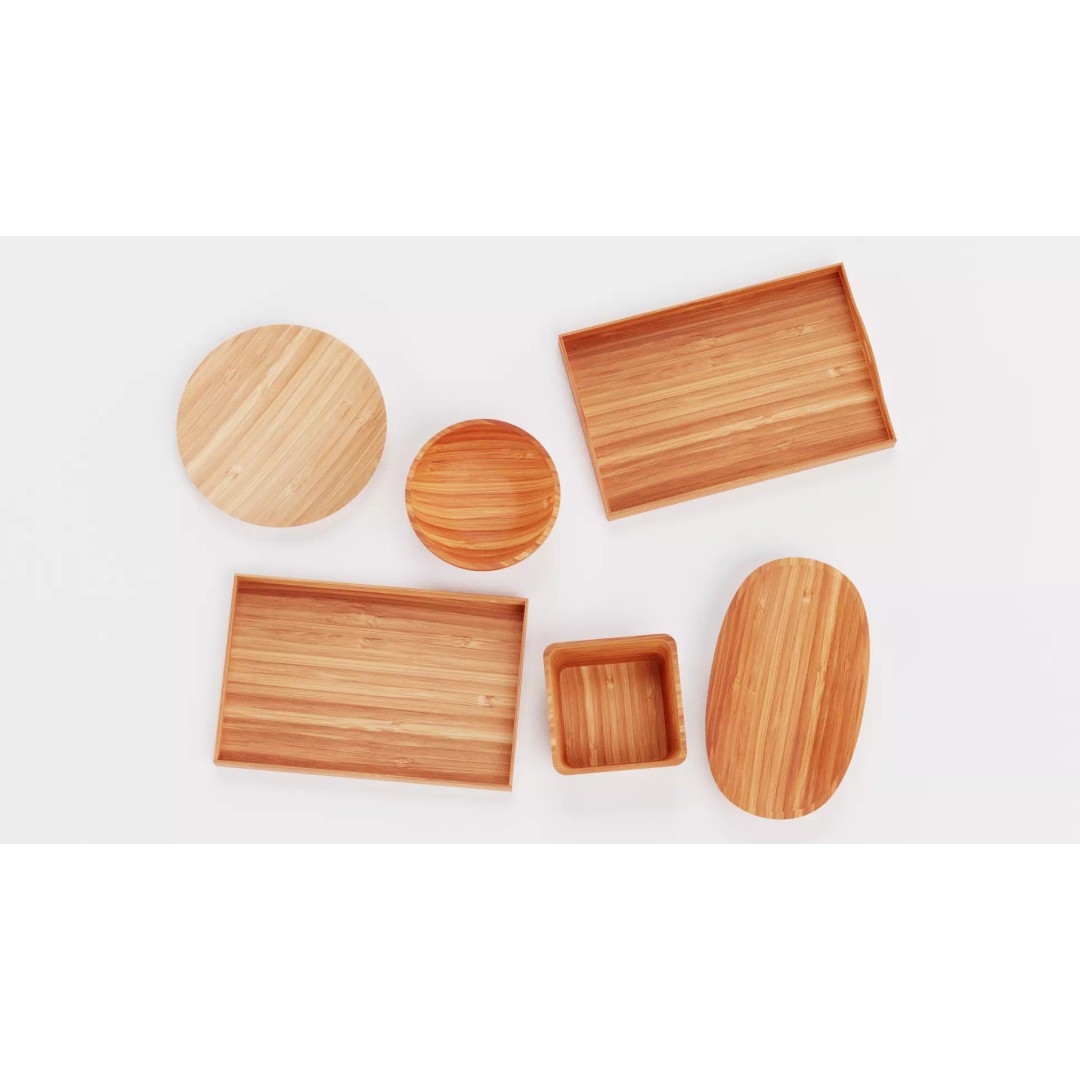 Bamboo Tableware 3D Model – Low Poly Decorative Bowls and Trays, Blender - View 2