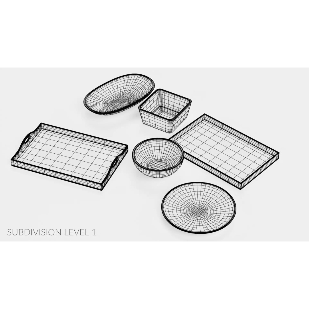Bamboo Tableware 3D Model – Low Poly Decorative Bowls and Trays, Blender - View 20