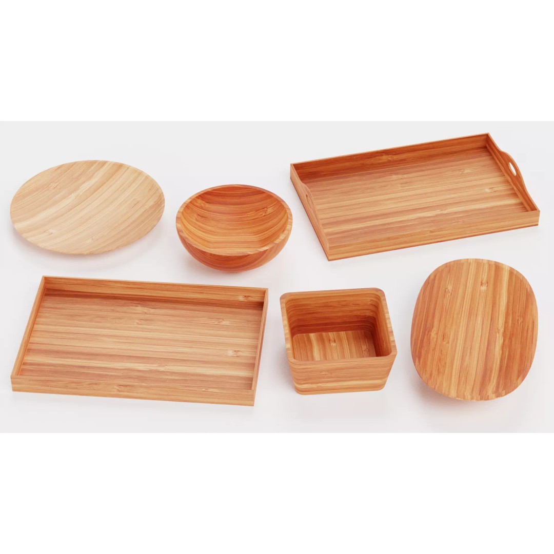 Bamboo Tableware 3D Model – Low Poly Decorative Bowls and Trays, Blender - View 3