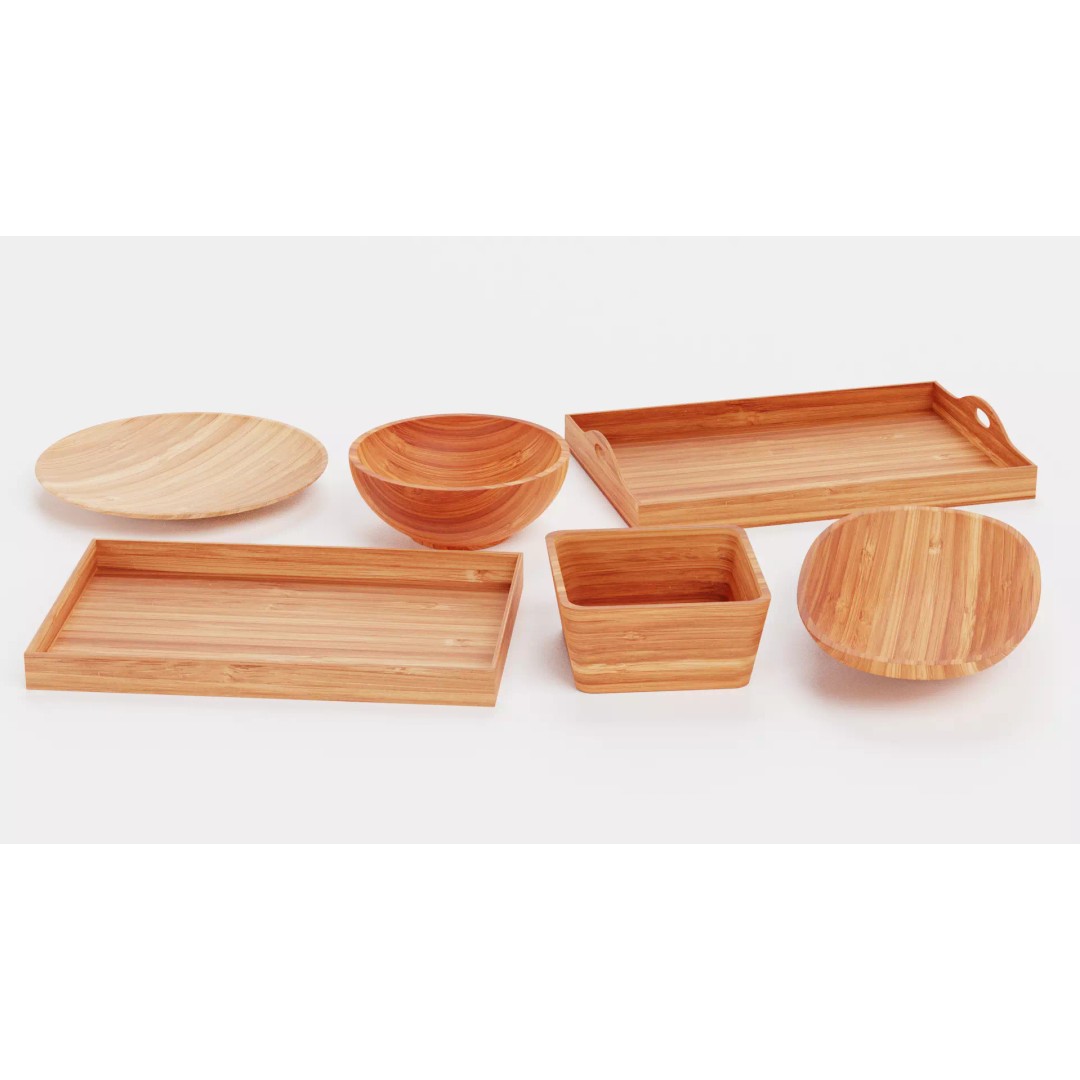 Bamboo Tableware 3D Model – Low Poly Decorative Bowls and Trays, Blender - View 4