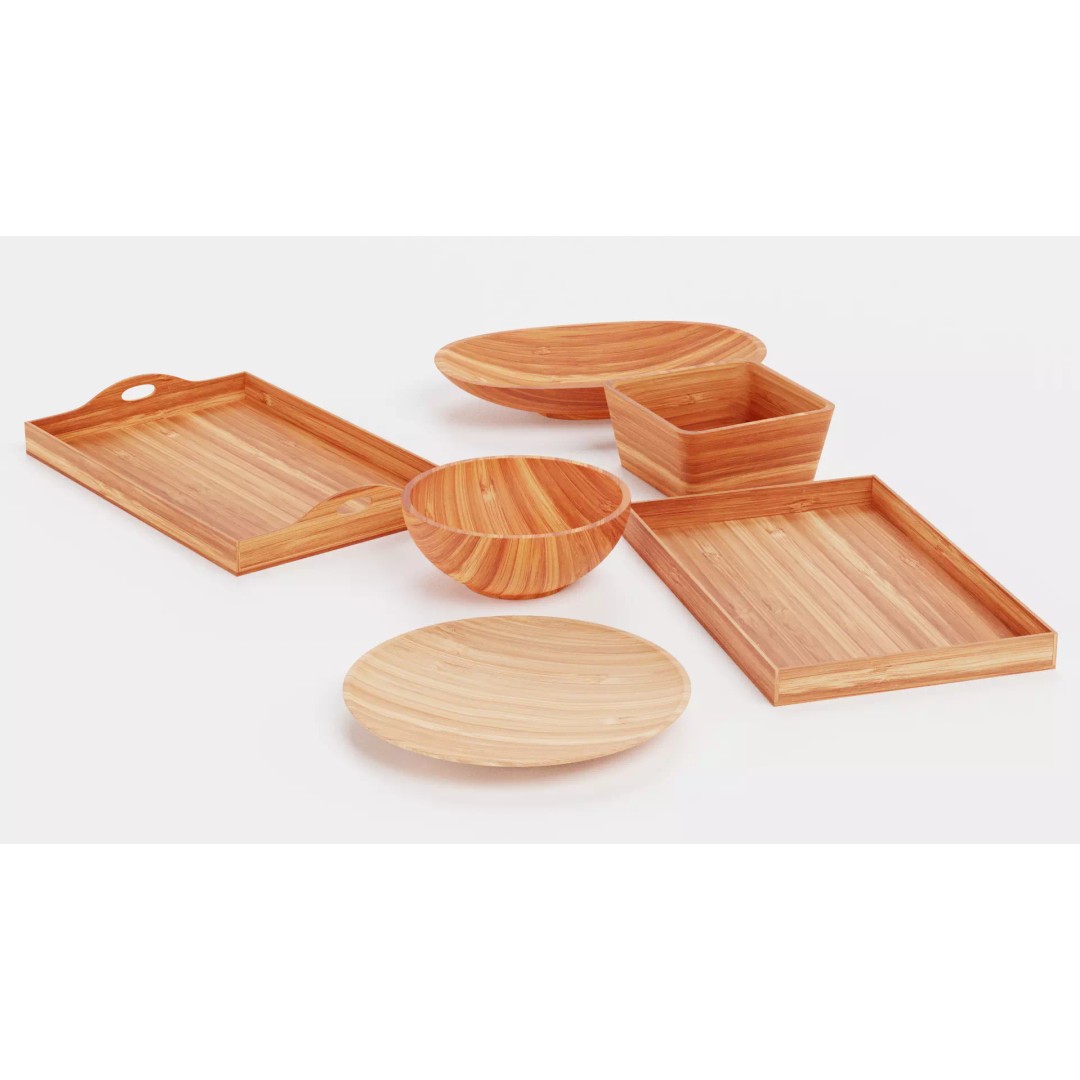 Bamboo Tableware 3D Model – Low Poly Decorative Bowls and Trays, Blender - View 6