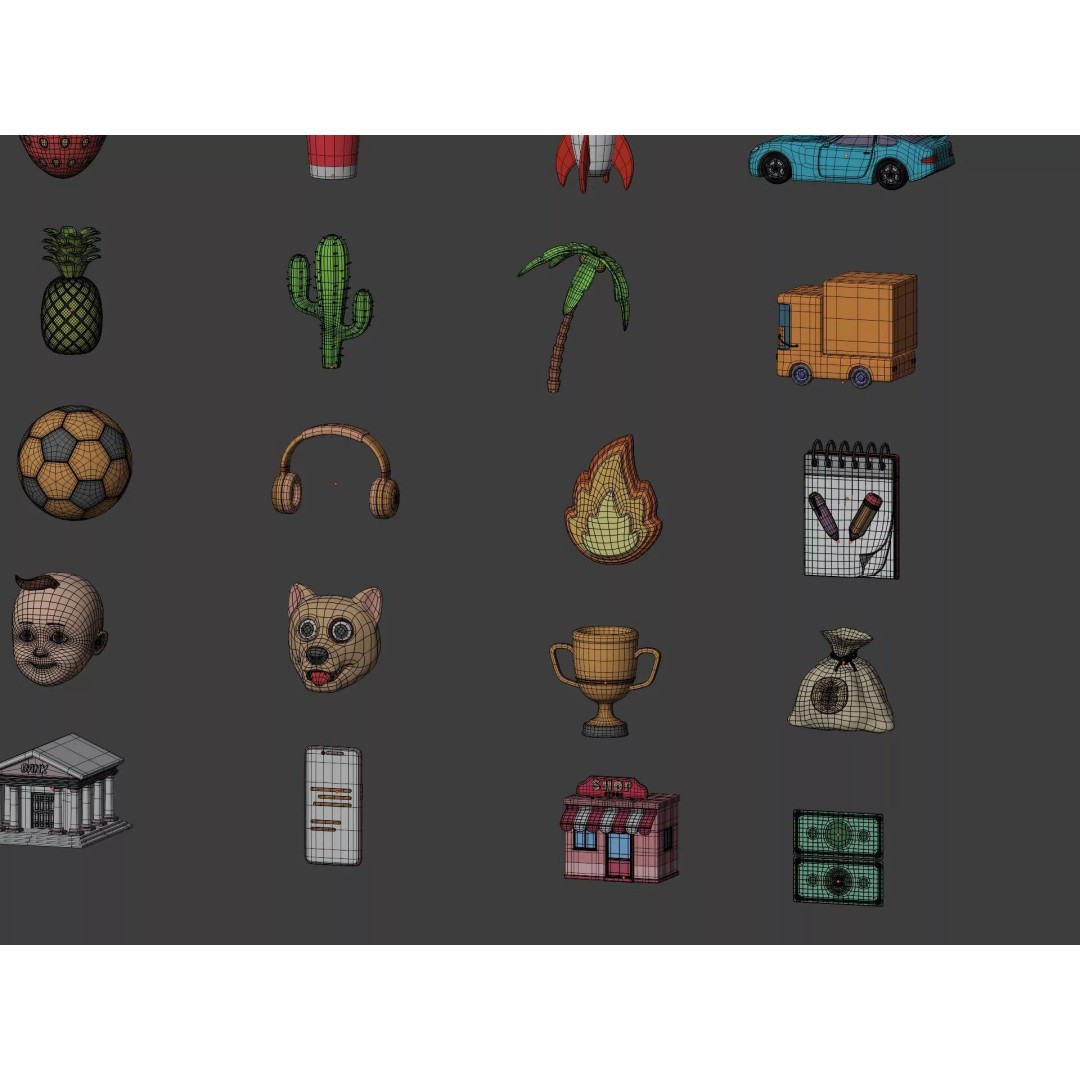 Cartoon Icons 3D Model – Low Poly Collection for Games, FBX