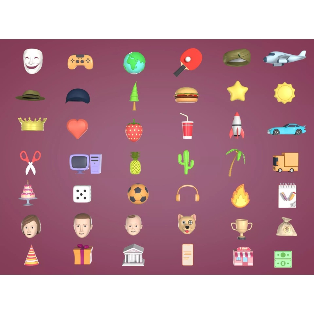 Cartoon Icons 3D Model – Low Poly Collection for Games, FBX - View 2